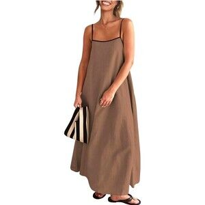 Senllen Women Size XL Dress Brown Black Linen Blend Loose Fit Maxi Sundress E3
